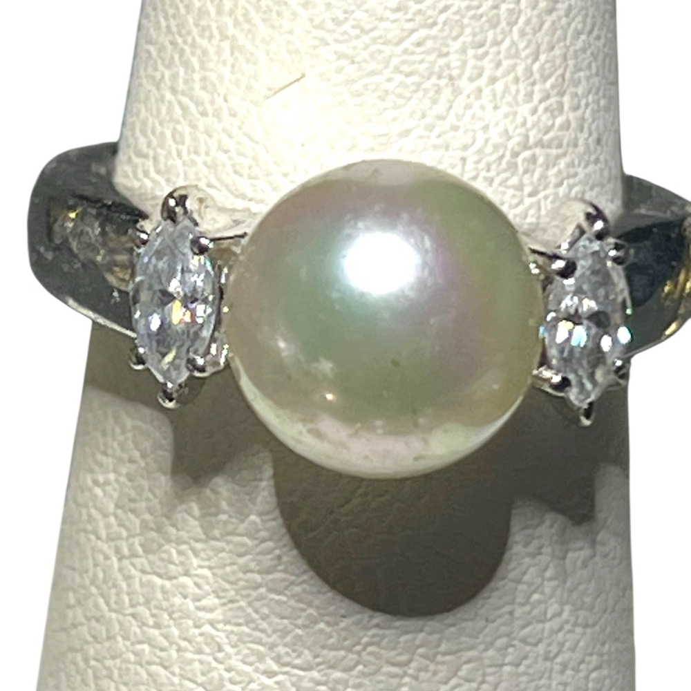 Vintage Sterling Silver Genuine  Pearl CZ Ring size 6.5 - Picture 4 of 10